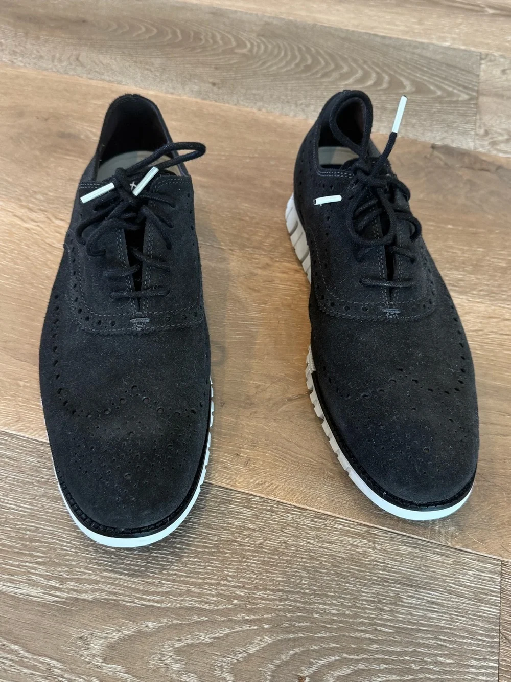 Cole Haan Zero Grand Black Suede Wingtip Oxfords with White Lightweight Sole